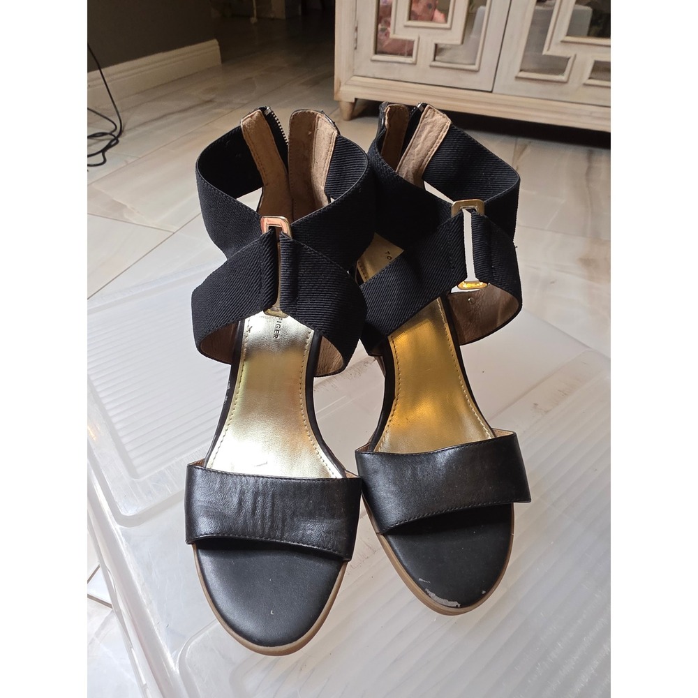 Tommy Hilfiger Black Leather Wedge Sandals Gold Footbed Elastic Straps Size 6.5M